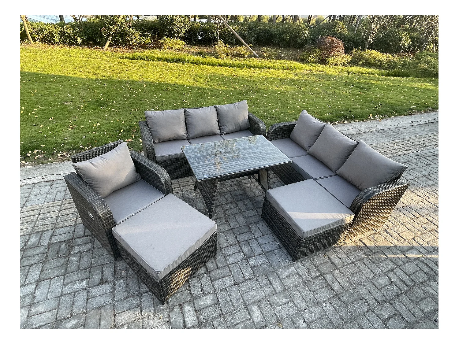 Salon de jardin exterieur 9 places Table à manger rectangulaire 2 Grand tabourets Gris foncé mixte