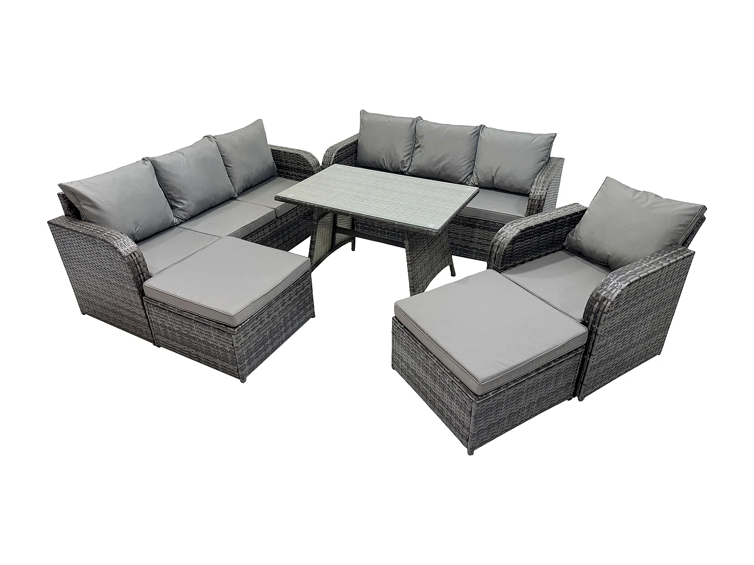 Salon de jardin exterieur 9 places Table à manger rectangulaire 2 Grand tabourets Gris foncé mixte