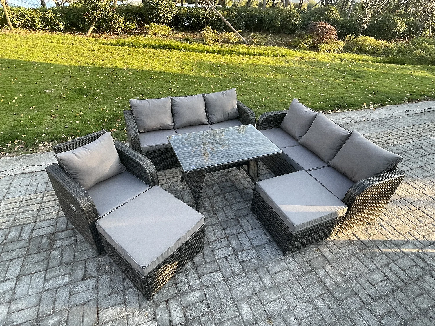 Salon de jardin exterieur 9 places Table à manger rectangulaire 2 Grand tabourets Gris foncé mixte