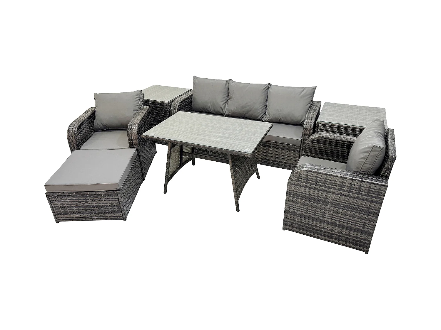 6 places Ensemble de Meubles de Jardin avec Table à manger rectangulaire Chaise inclinable Canapé 3 places Grand tabouret 2 Tables d'appoint