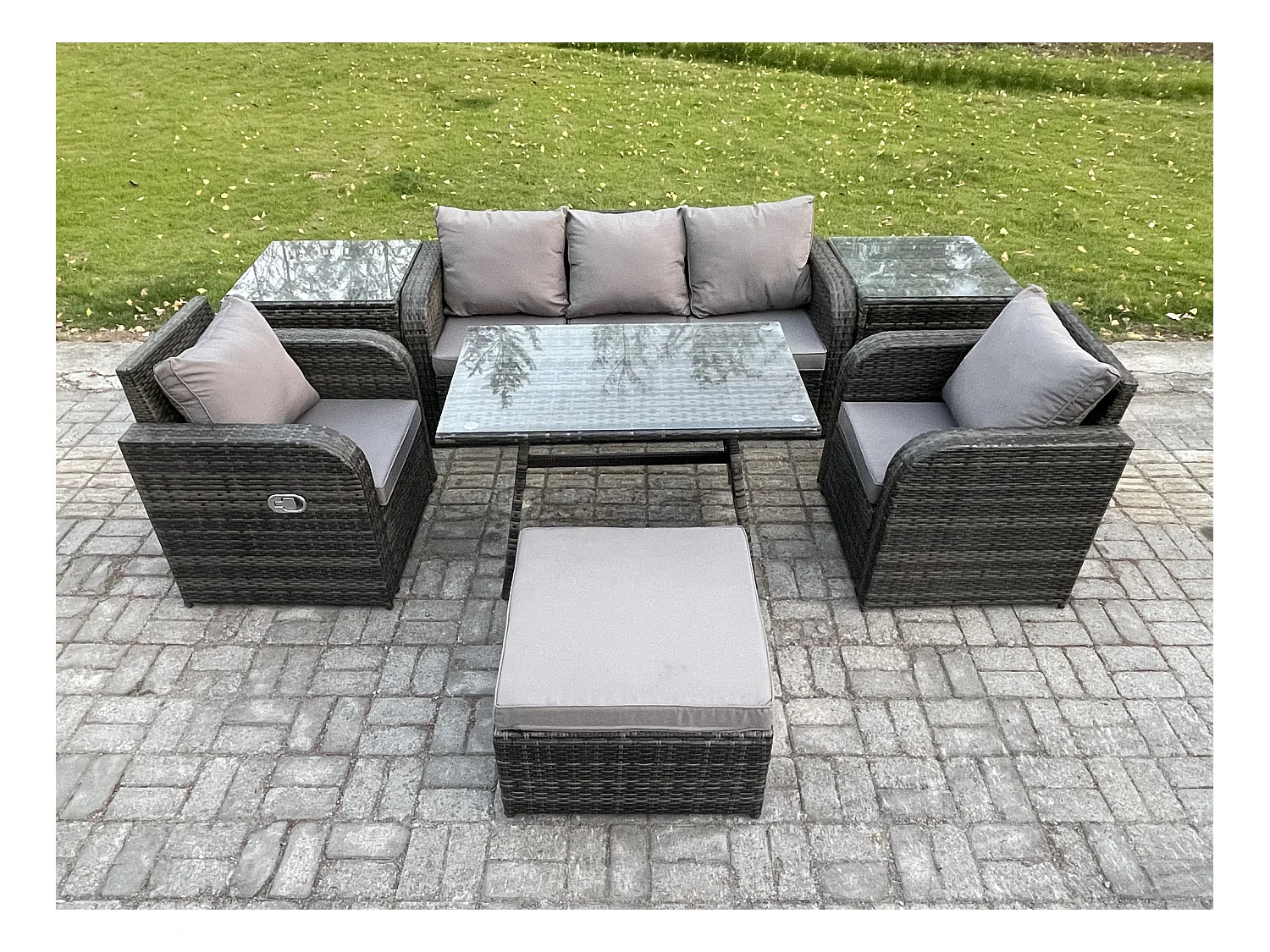 6 places Ensemble de Meubles de Jardin avec Table à manger rectangulaire Chaise inclinable Canapé 3 places Grand tabouret 2 Tables d'appoint