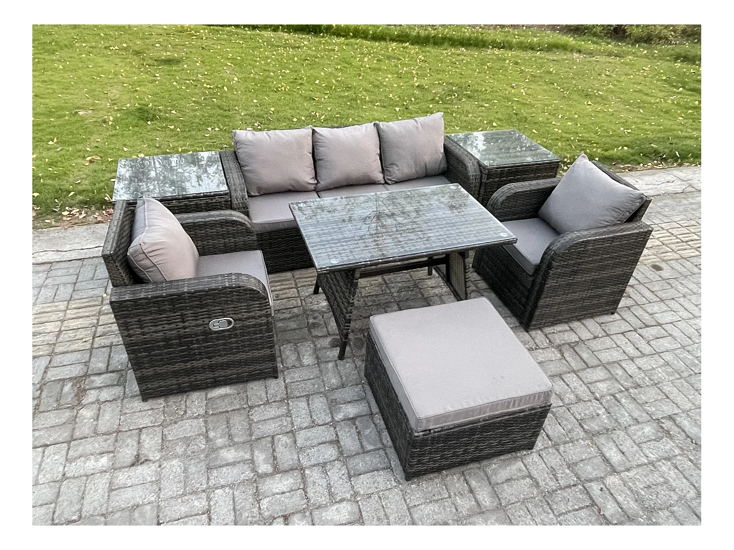 6 places Ensemble de Meubles de Jardin avec Table à manger rectangulaire Chaise inclinable Canapé 3 places Grand tabouret 2 Tables d'appoint