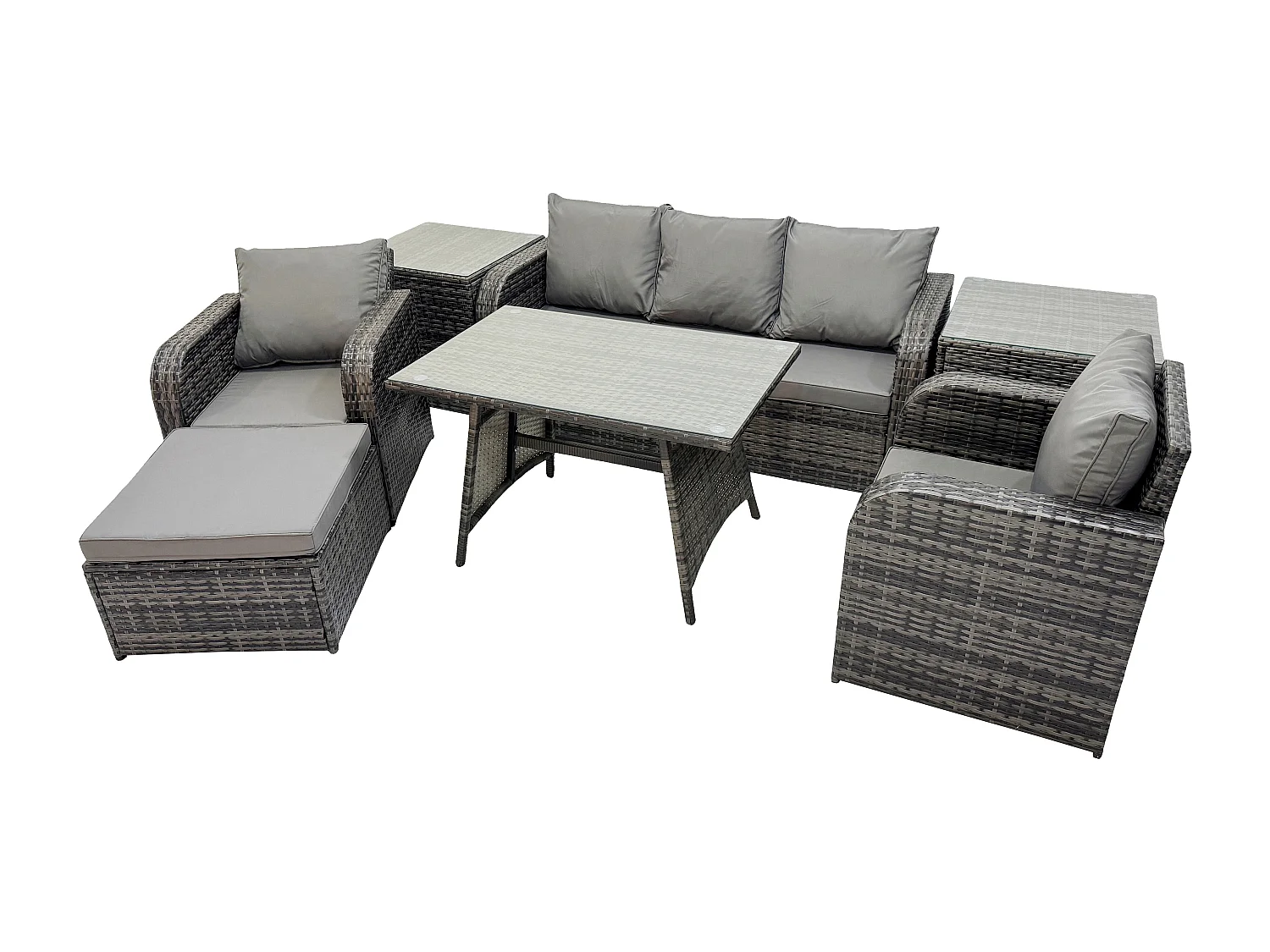 6-Sitzer Hoher Rücken Rattan Gartenmöbel Sets mit Rechteckiger Esstisch Liegestühle 3-Sitzer Sofa 2 Großer Hockern 2 Beistelltischen