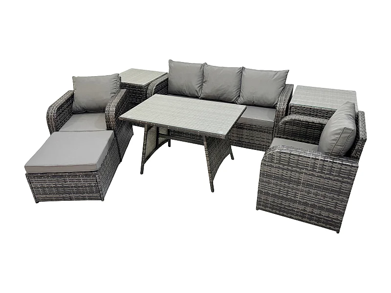 6-Sitzer Hoher Rücken Rattan Gartenmöbel Sets mit Rechteckiger Esstisch Liegestühle 3-Sitzer Sofa 2 Großer Hockern 2 Beistelltischen