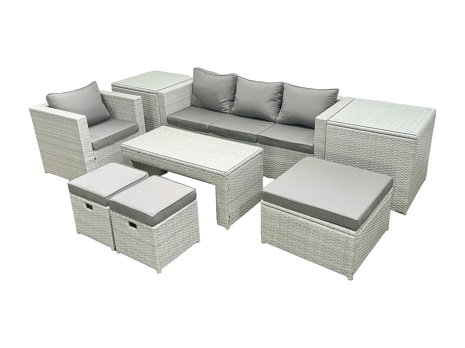 Salon de Jardin Ensemble Ensemble de canapés en rotin avec Table basse 3 Tabourets 2 Tables d'appoint Gris clair mixte 7 places