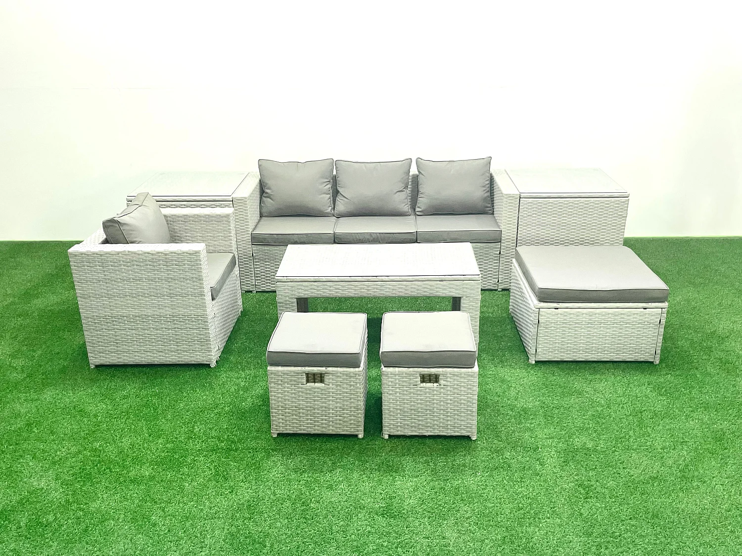 Salon de Jardin Ensemble Ensemble de canapés en rotin avec Table basse 3 Tabourets 2 Tables d'appoint Gris clair mixte 7 places