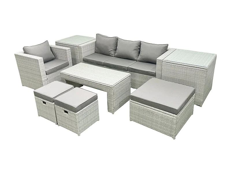 Salon de Jardin Ensemble Ensemble de canapés en rotin avec Table basse 3 Tabourets 2 Tables d'appoint Gris clair mixte 7 places