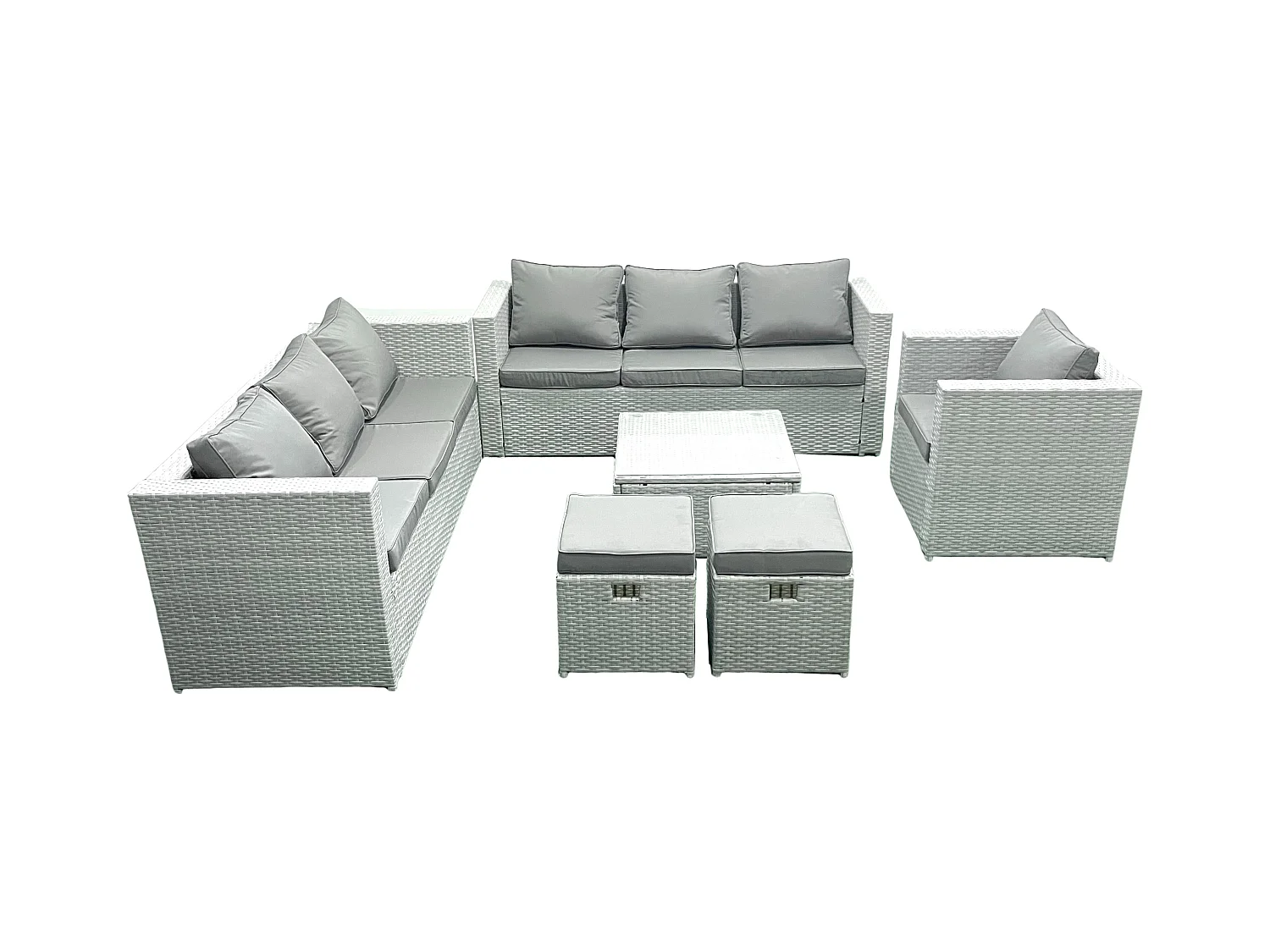 Meubles d'extérieur en rotin avec Fauteuil Table basse carrée 2 Petits tabourets Gris clair mixte