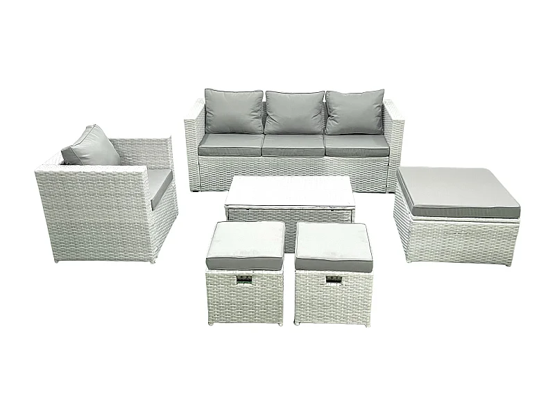 Polyrattan Gartenmöbel Set mit 3-Sitzer Sofa Sessel Rechteckiger Couchtisch 3 Hockern Hellgrau gemischt 6-Sitzer