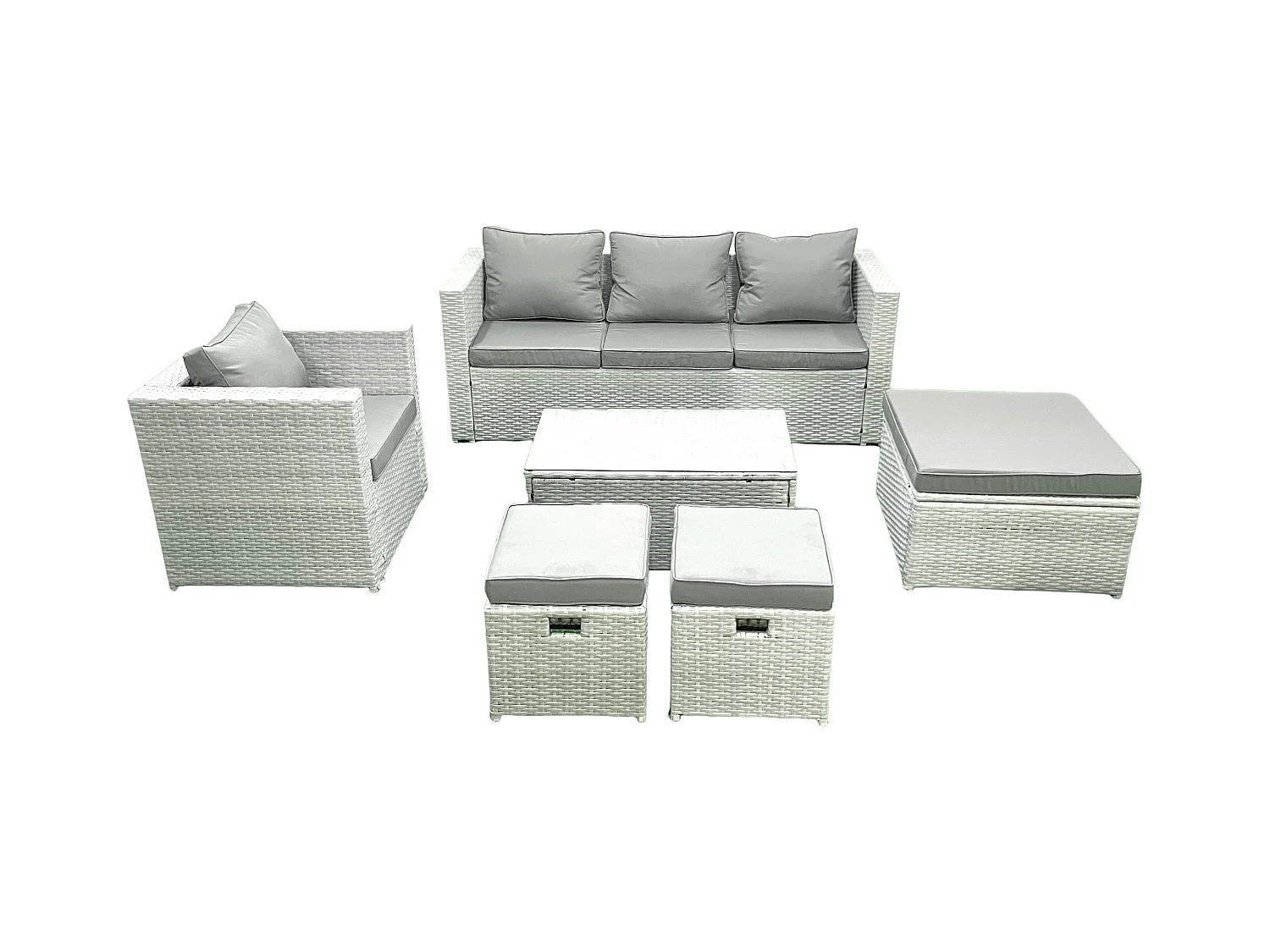 Salon de jardin avec Canapé 3 places Chaise Table basse rectangulaire 3 Tabourets Gris clair mixte 6 places
