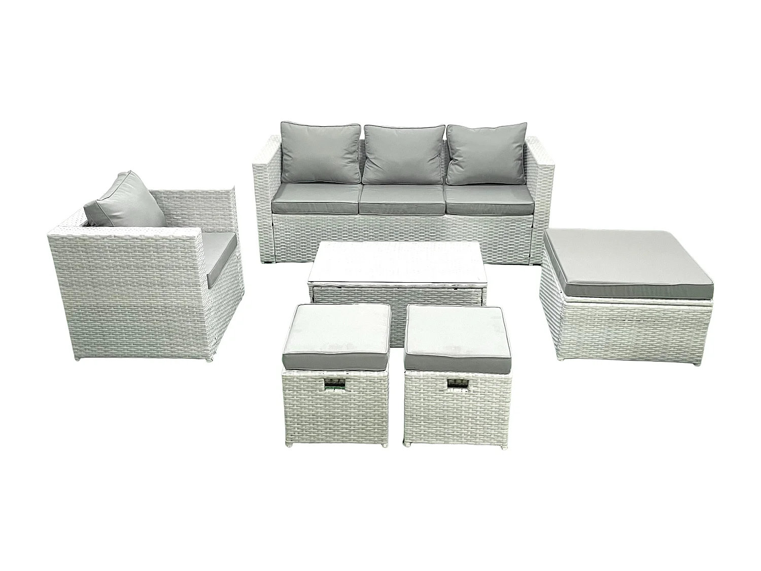 Polyrattan Gartenmöbel Set mit 3-Sitzer Sofa Sessel Rechteckiger Couchtisch 3 Hockern Hellgrau gemischt 6-Sitzer
