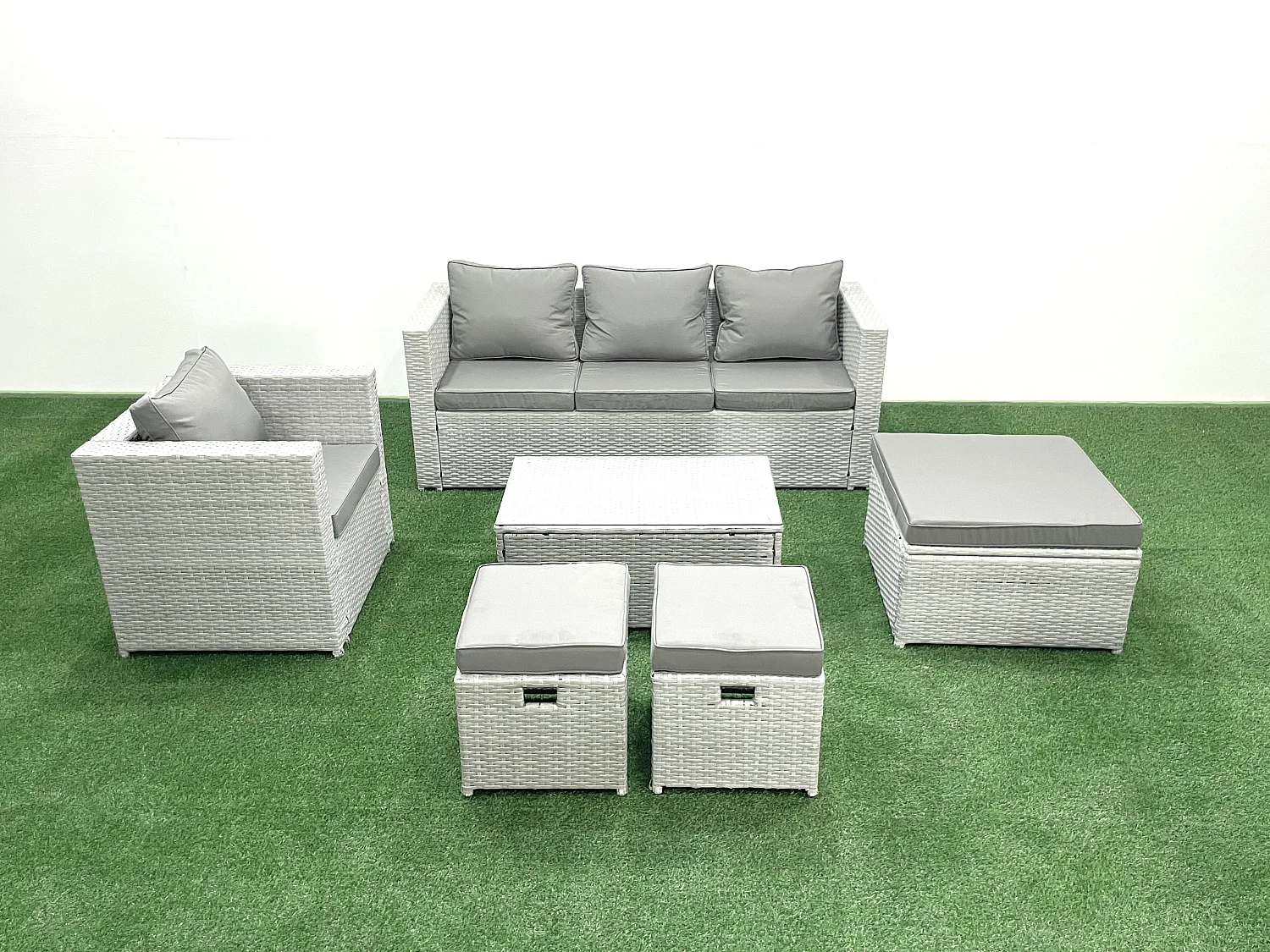 Polyrattan Gartenmöbel Set mit 3-Sitzer Sofa Sessel Rechteckiger Couchtisch 3 Hockern Hellgrau gemischt 6-Sitzer