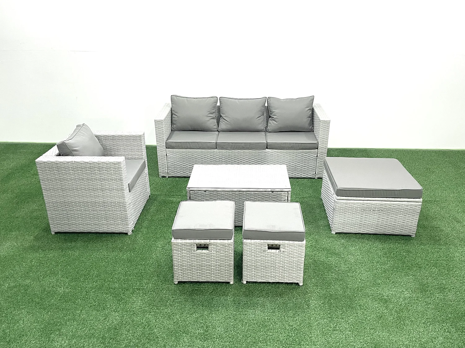 Polyrattan Gartenmöbel Set mit 3-Sitzer Sofa Sessel Rechteckiger Couchtisch 3 Hockern Hellgrau gemischt 6-Sitzer