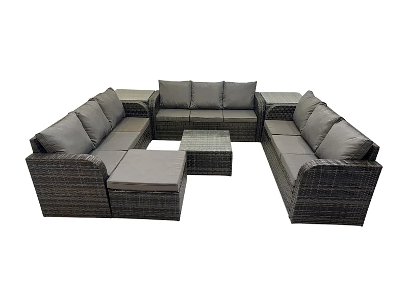 Rattan Gartenmöbel Set im Balkon Set Patio Garten Sofa Set mit Quadratischer Couchtisch 2 Großer Hockern 2 Beistelltischen Dunkelgrau Gemischt