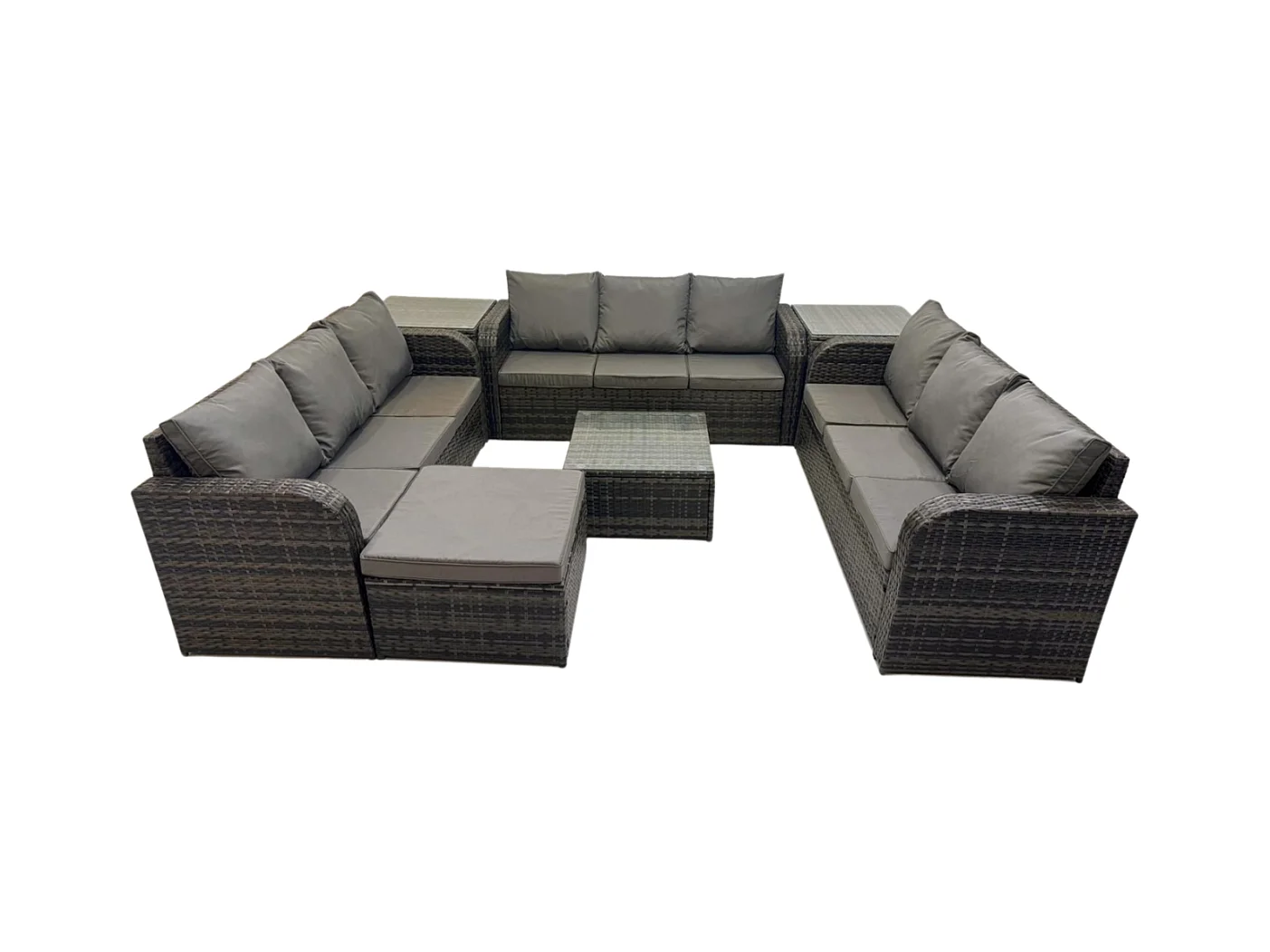 Rattan Gartenmöbel Set im Balkon Set Patio Garten Sofa Set mit Quadratischer Couchtisch 2 Großer Hockern 2 Beistelltischen Dunkelgrau Gemischt