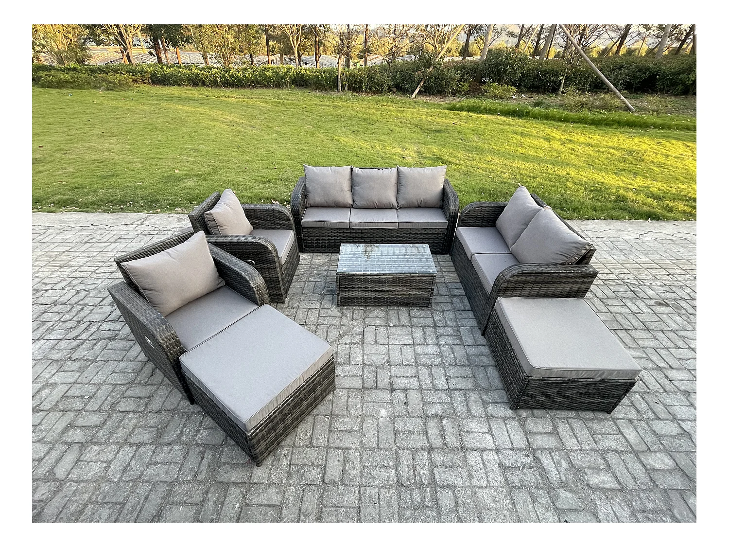 Salon de jardin 9 places Ensemble de canapés en rotin avec Canapé d'amour Table basse 2 Grand tabourets Gris foncé mixte