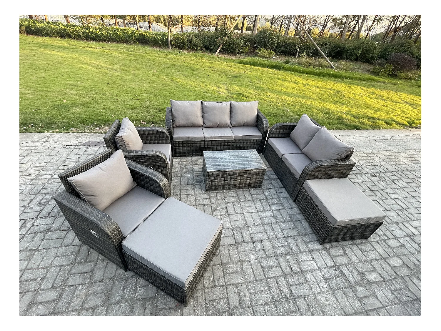 Salon de jardin 9 places Ensemble de canapés en rotin avec Canapé d'amour Table basse 2 Grand tabourets Gris foncé mixte