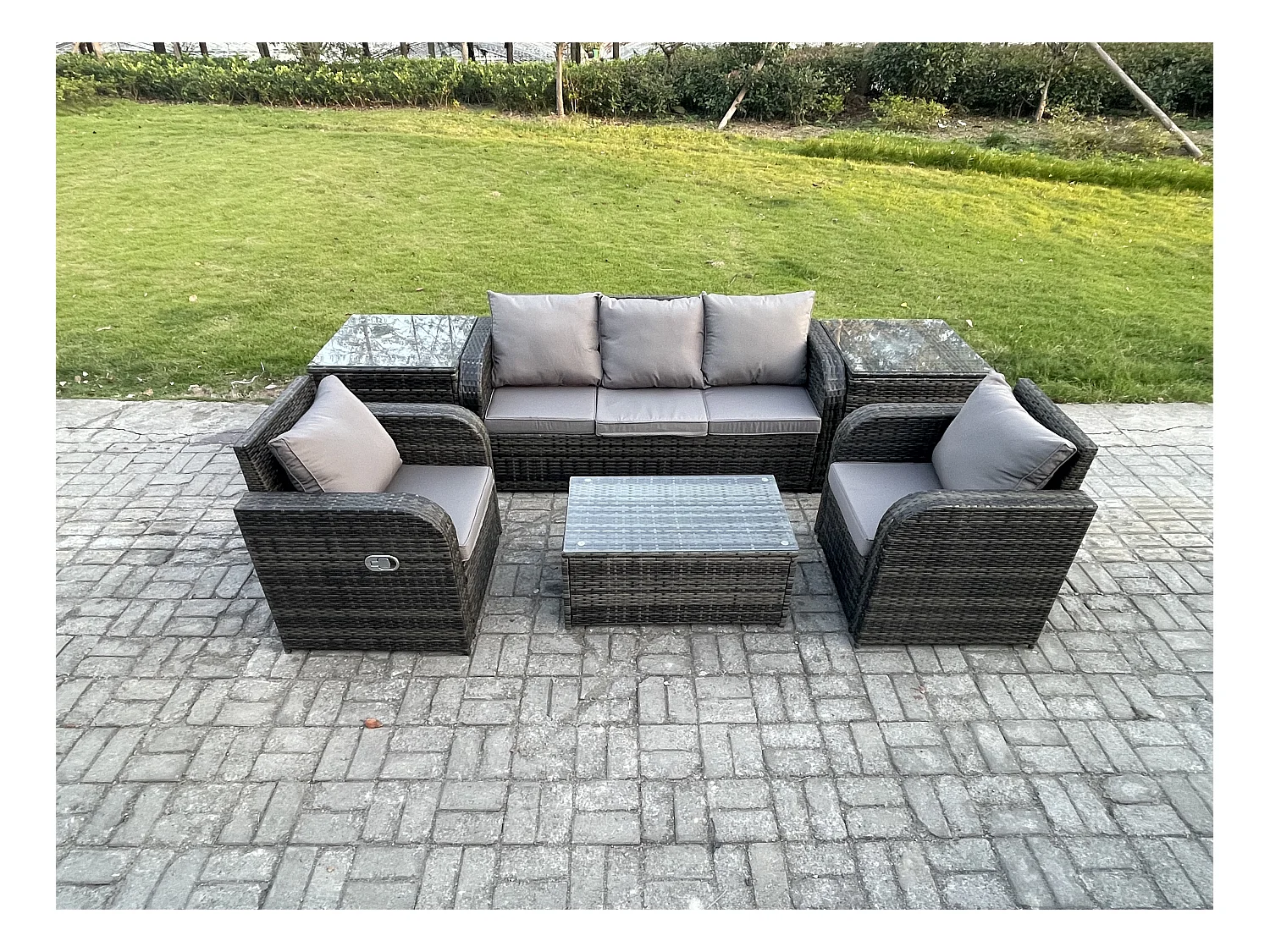 Salon de jardin exterieur Ensemble de canapés en rotin avec Chaise inclinable Table basse rectangulaire 2 Tables d'appoint Gris foncé mixte