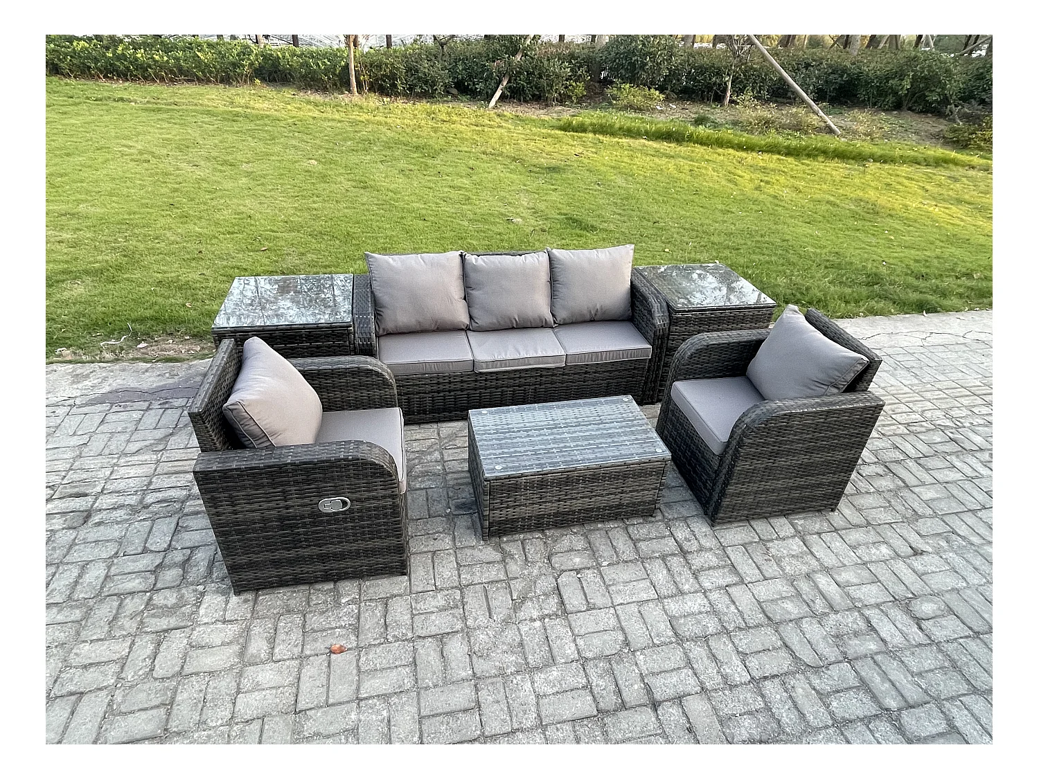 Salon de jardin exterieur Ensemble de canapés en rotin avec Chaise inclinable Table basse rectangulaire 2 Tables d'appoint Gris foncé mixte