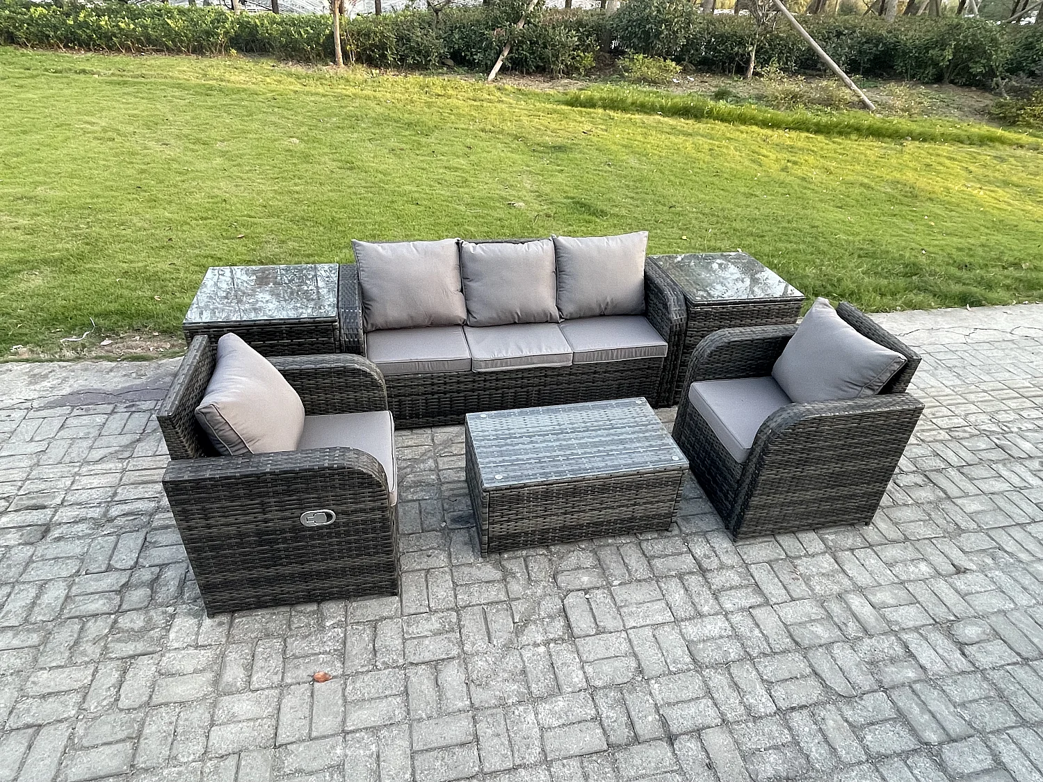 Salon de jardin exterieur Ensemble de canapés en rotin avec Chaise inclinable Table basse rectangulaire 2 Tables d'appoint Gris foncé mixte