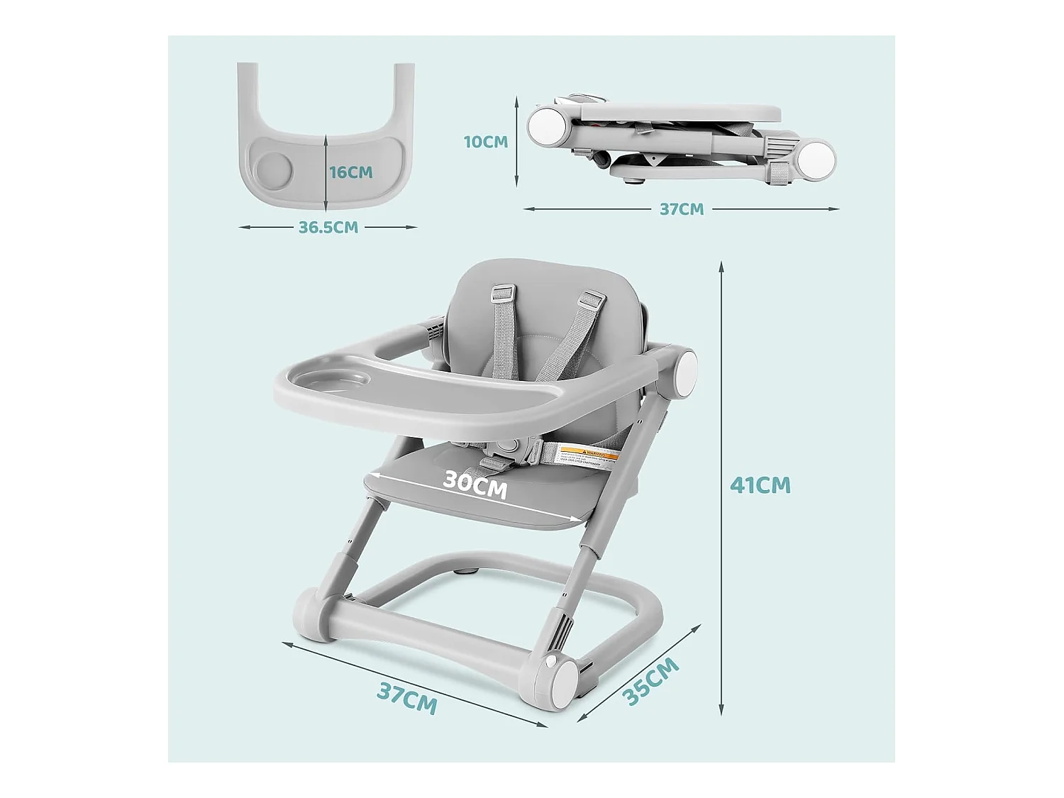 Chaise haute portable pour enfants avec plateau amovible, coussin en PU et ceinture de sécurité à 5 points, hauteur réglable, gris