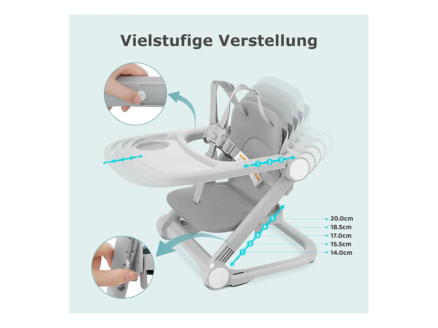 Chaise haute portable pour enfants avec plateau amovible, coussin en PU et ceinture de sécurité à 5 points, hauteur réglable, gris