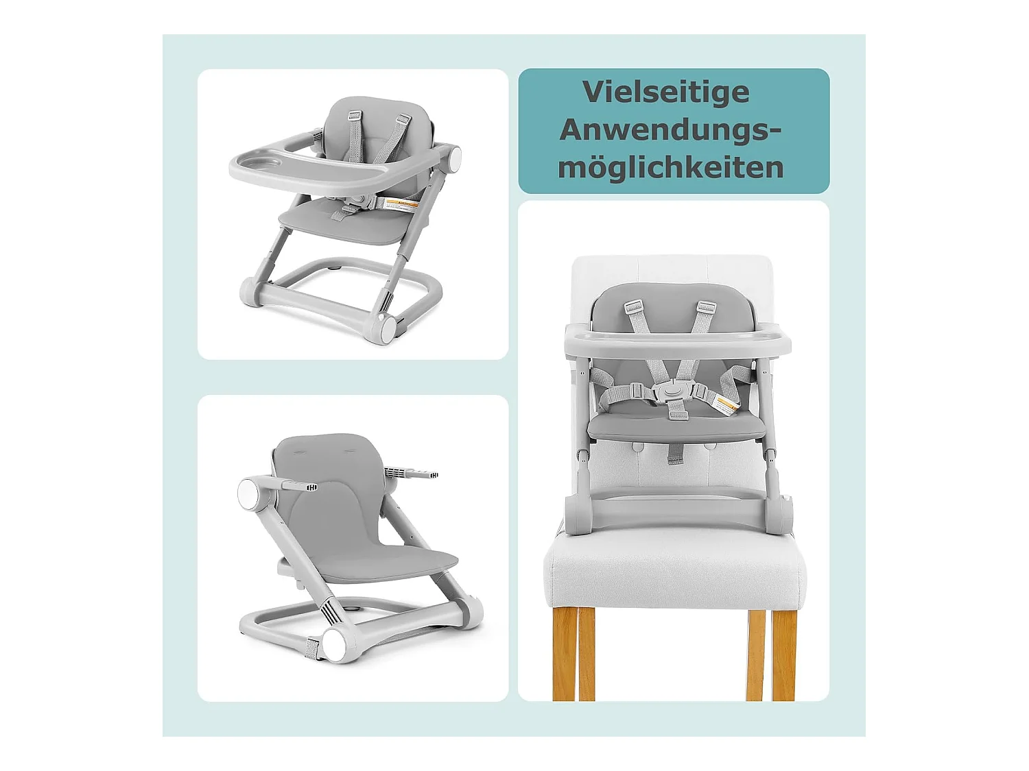 Chaise haute portable pour enfants avec plateau amovible, coussin en PU et ceinture de sécurité à 5 points, hauteur réglable, gris