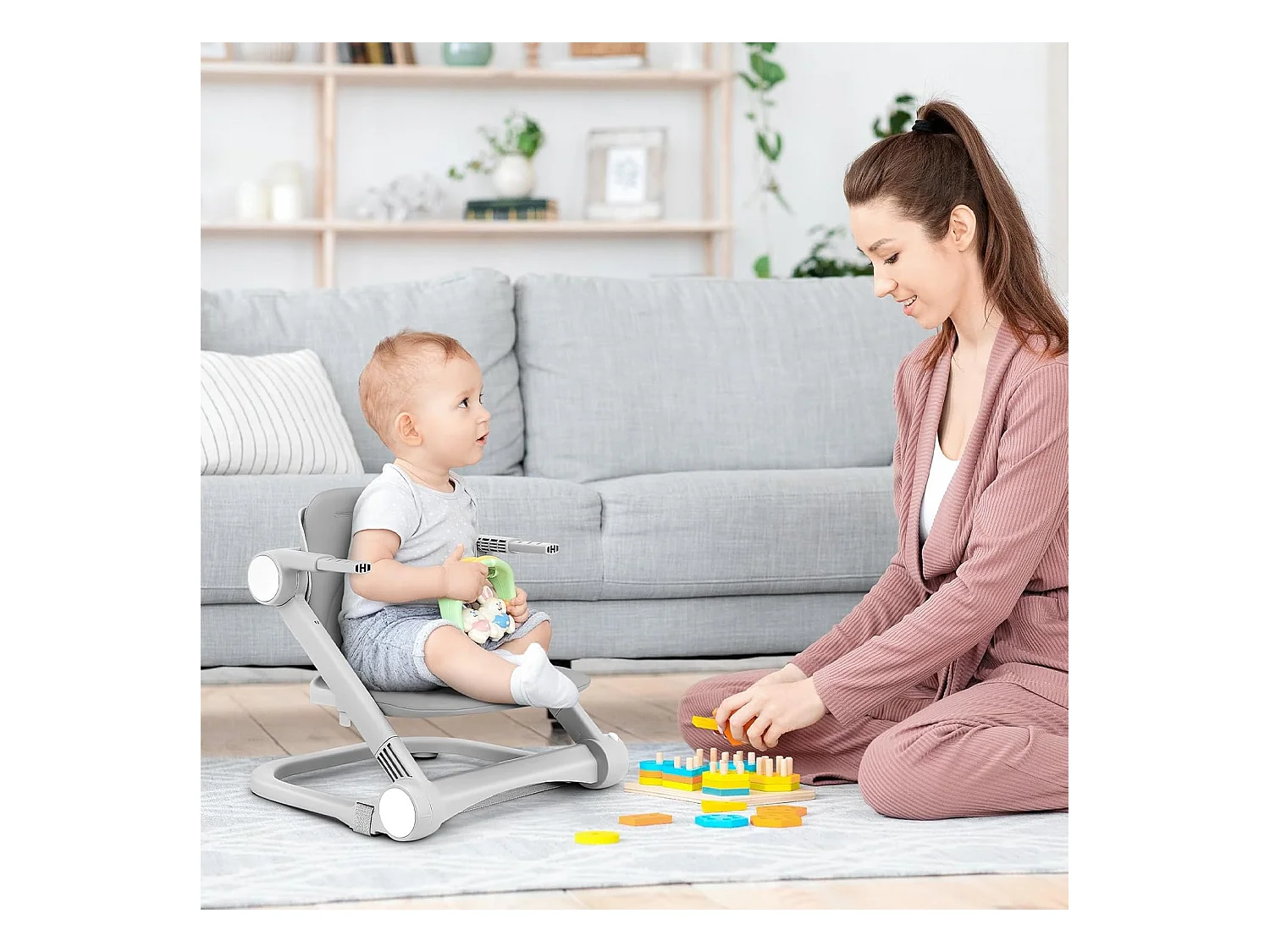 Chaise haute portable pour enfants avec plateau amovible, coussin en PU et ceinture de sécurité à 5 points, hauteur réglable, gris