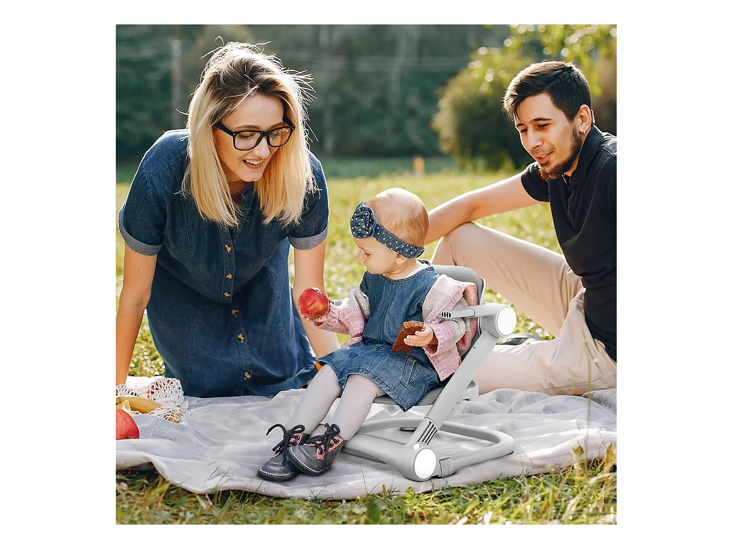 Chaise haute portable pour enfants avec plateau amovible, coussin en PU et ceinture de sécurité à 5 points, hauteur réglable, gris