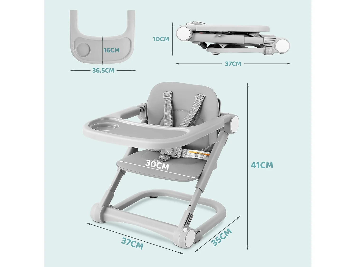 Chaise haute portable pour enfants avec plateau amovible, coussin en PU et ceinture de sécurité à 5 points, hauteur réglable, gris