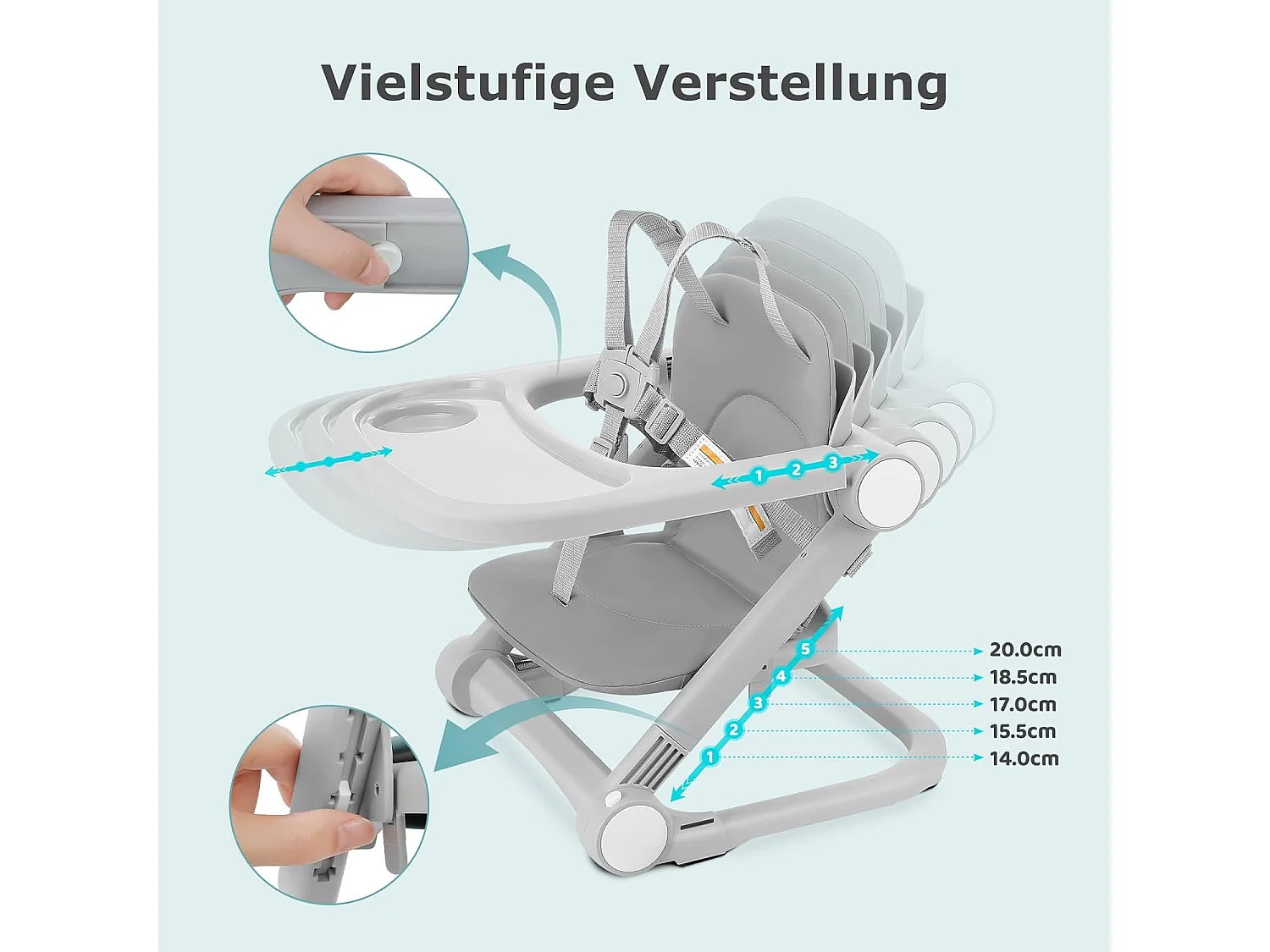 Chaise haute portable pour enfants avec plateau amovible, coussin en PU et ceinture de sécurité à 5 points, hauteur réglable, gris