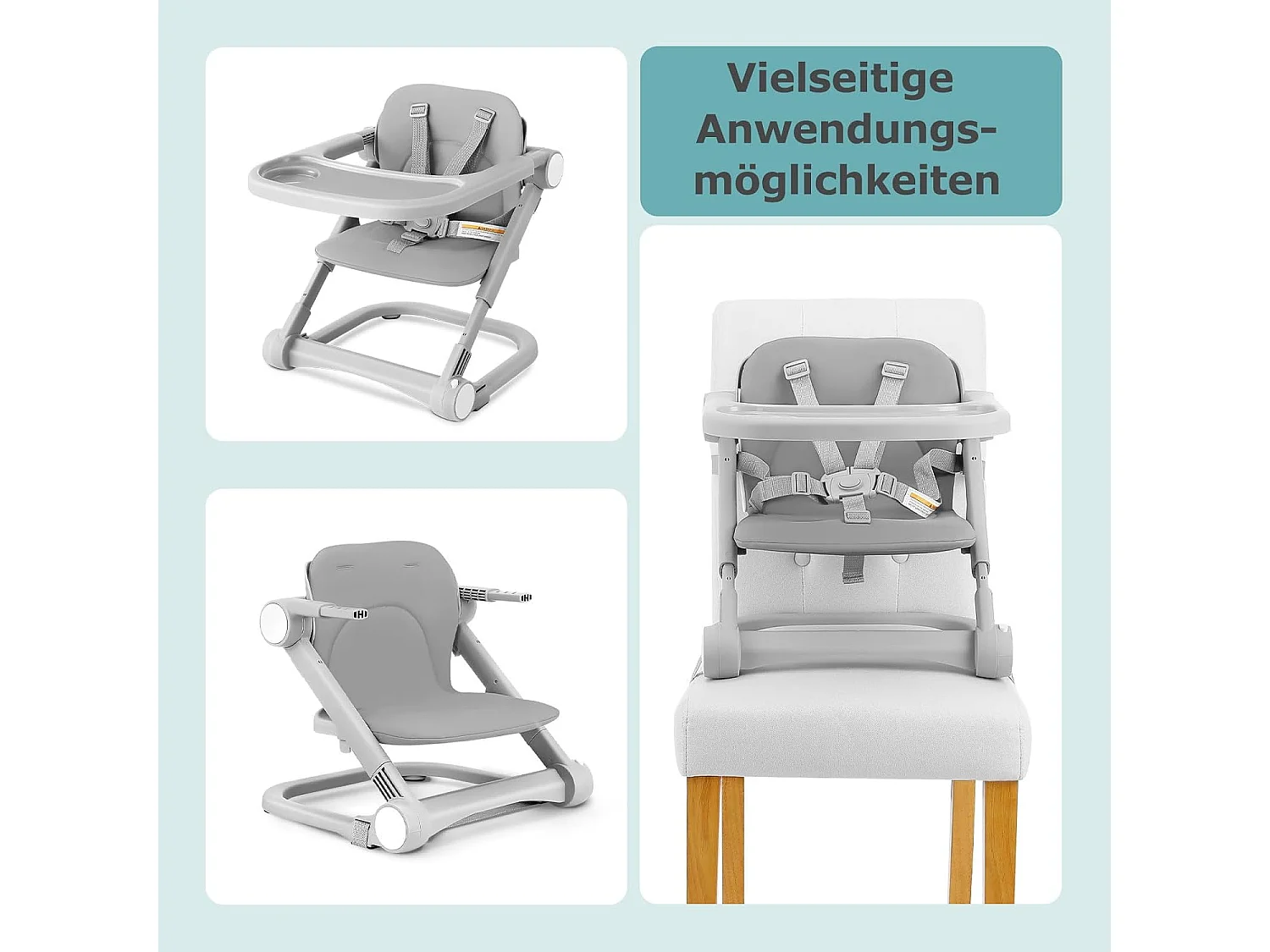 Chaise haute portable pour enfants avec plateau amovible, coussin en PU et ceinture de sécurité à 5 points, hauteur réglable, gris