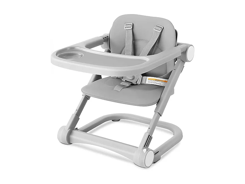 Chaise haute portable pour enfants avec plateau amovible, coussin en PU et ceinture de sécurité à 5 points, hauteur réglable, gris