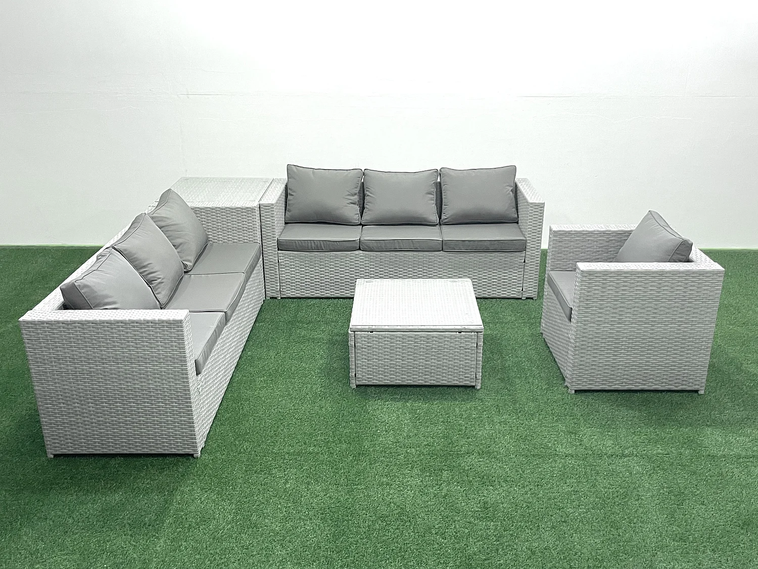 Polyrattan Sofa Gartenmöbel Set mit Sessel Quadratischer Couchtisch Beistelltisch Hellgrau gemischt