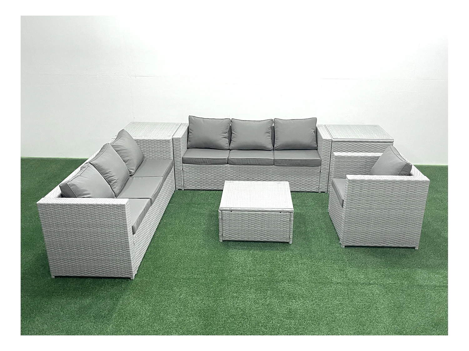 Meubles d'extérieur en rotin avec Fauteuil Table basse carrée 2 Tables d'appoint Gris clair mixte