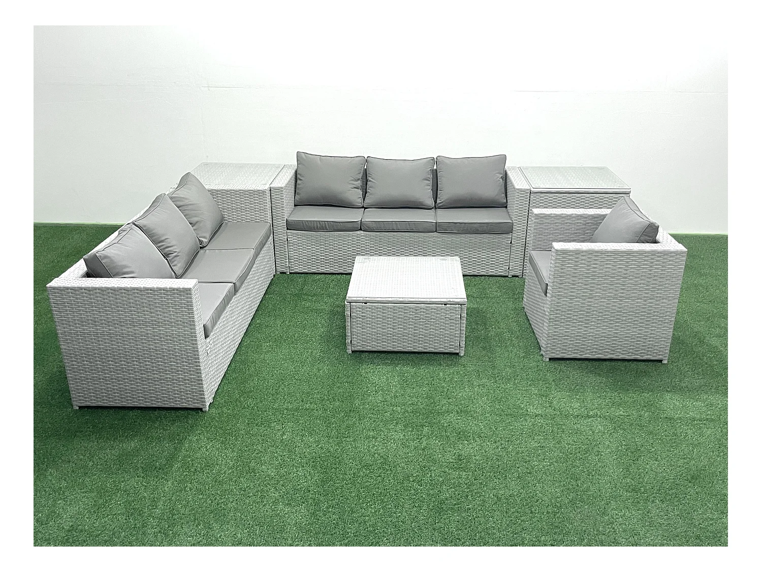 Meubles d'extérieur en rotin avec Fauteuil Table basse carrée 2 Tables d'appoint Gris clair mixte