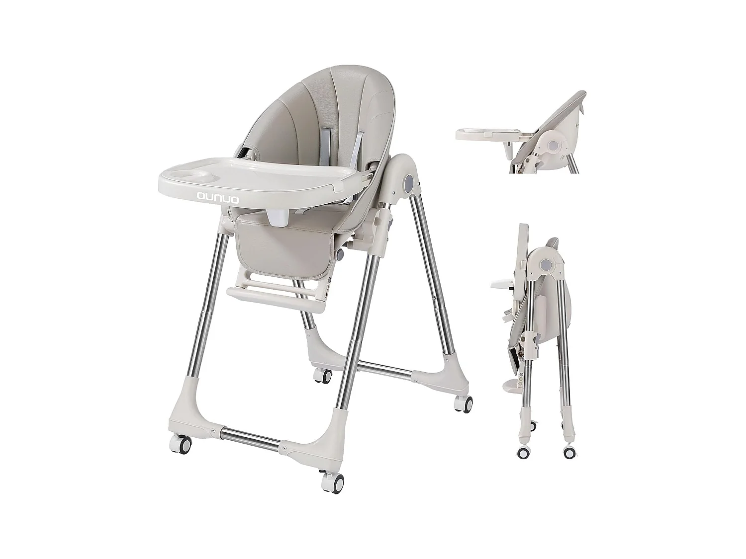 Chaise haute pliante pour enfants OUNUO avec ceinture de sécurité et coussin en simili cuir, 6 mois à 6 ans, Gris