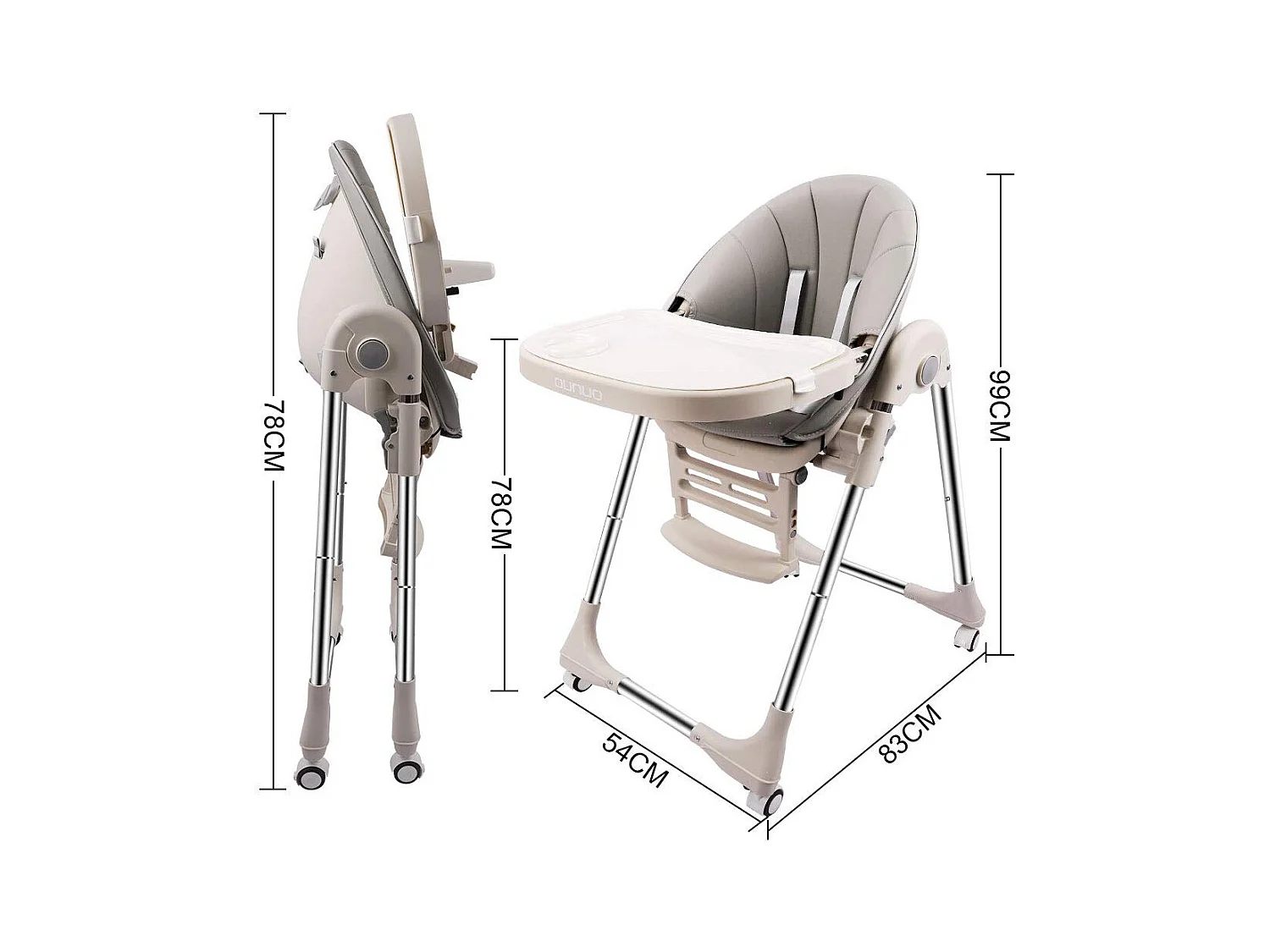 Chaise haute pliante pour enfants OUNUO avec ceinture de sécurité et coussin en simili cuir, 6 mois à 6 ans, Gris