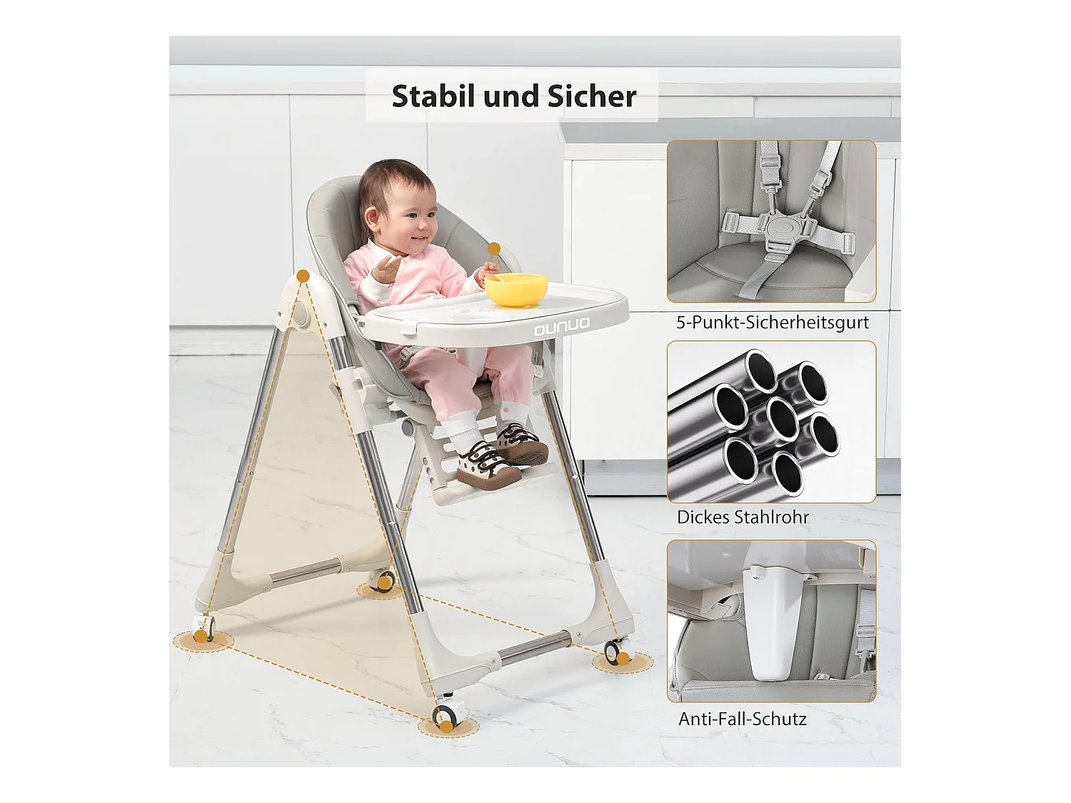 Chaise haute pliante pour enfants OUNUO avec ceinture de sécurité et coussin en simili cuir, 6 mois à 6 ans, Gris