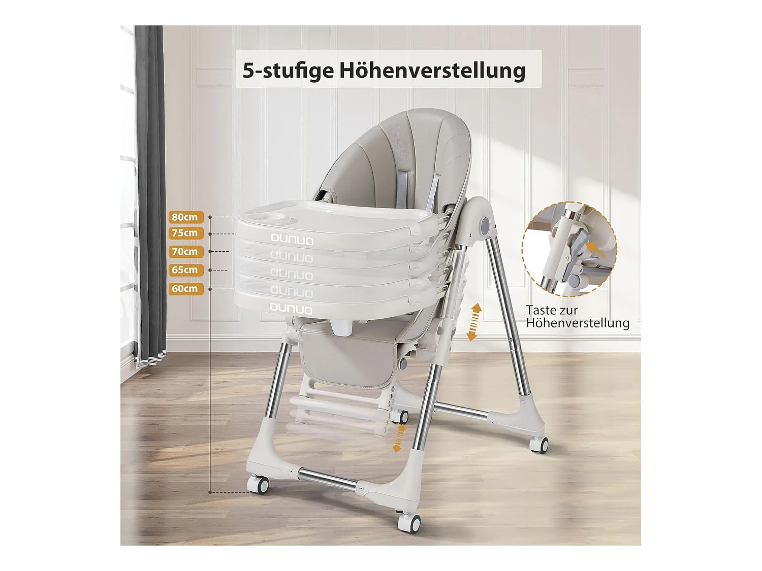 Chaise haute pliante pour enfants OUNUO avec ceinture de sécurité et coussin en simili cuir, 6 mois à 6 ans, Gris