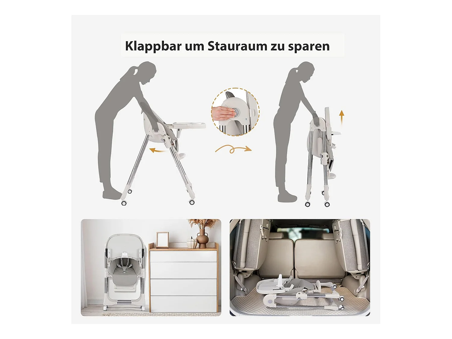 Chaise haute pliante pour enfants OUNUO avec ceinture de sécurité et coussin en simili cuir, 6 mois à 6 ans, Gris