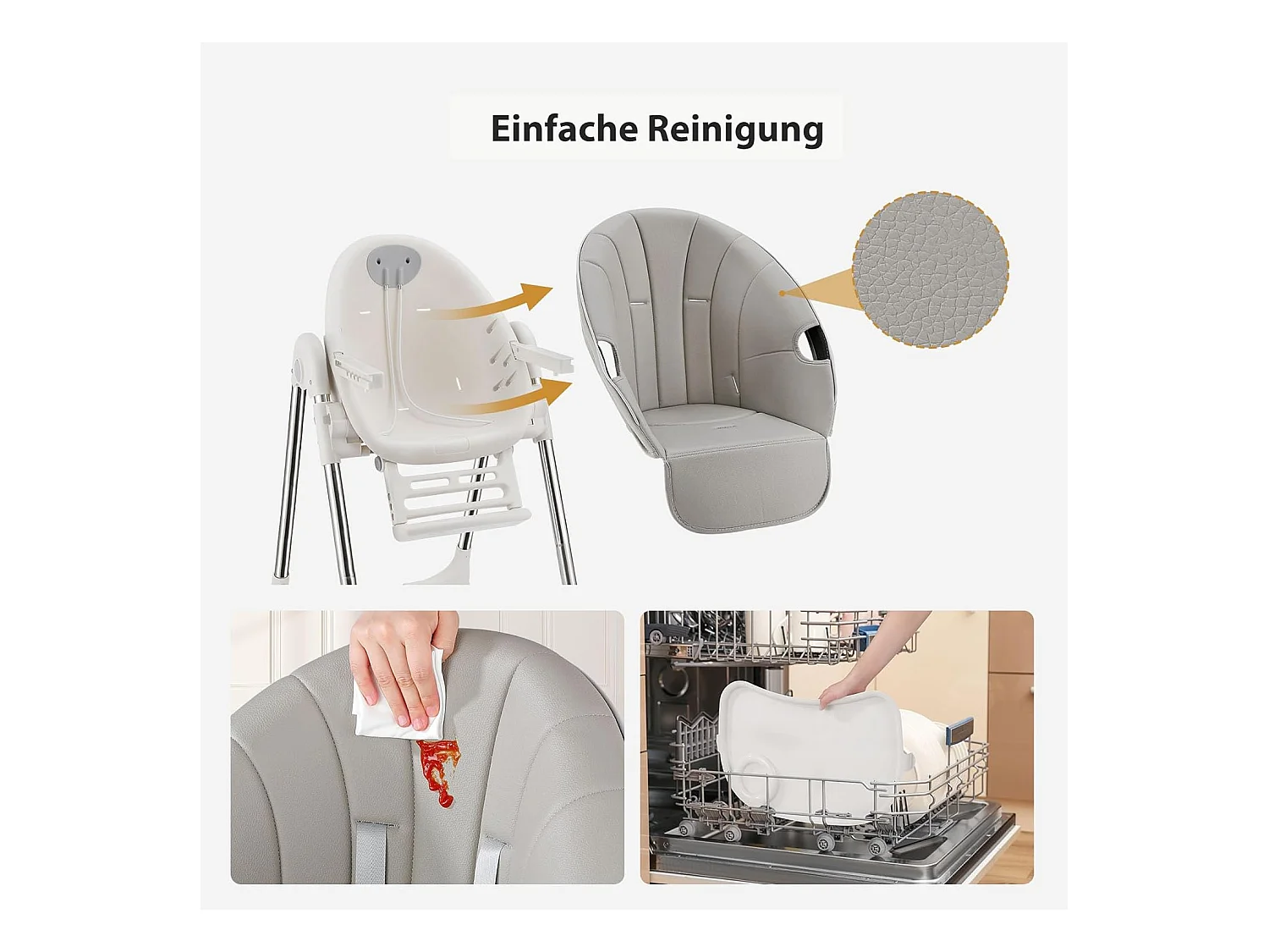 Chaise haute pliante pour enfants OUNUO avec ceinture de sécurité et coussin en simili cuir, 6 mois à 6 ans, Gris