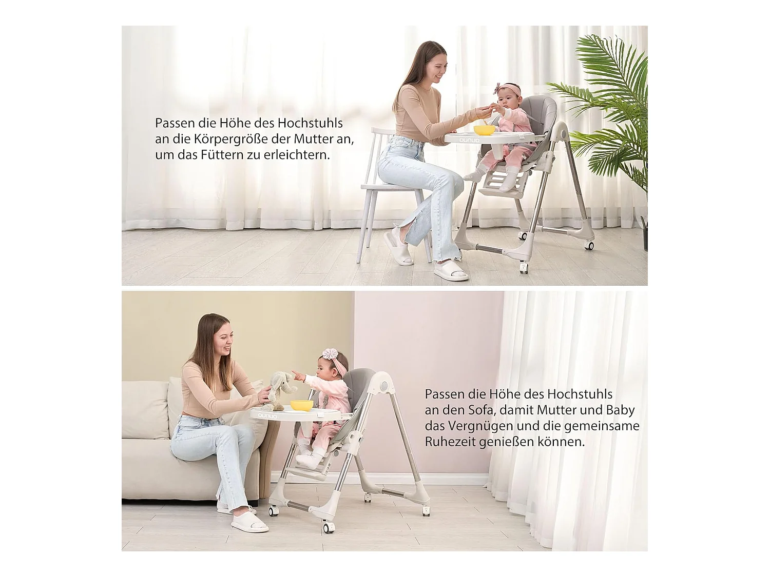 Chaise haute pliante pour enfants OUNUO avec ceinture de sécurité et coussin en simili cuir, 6 mois à 6 ans, Gris