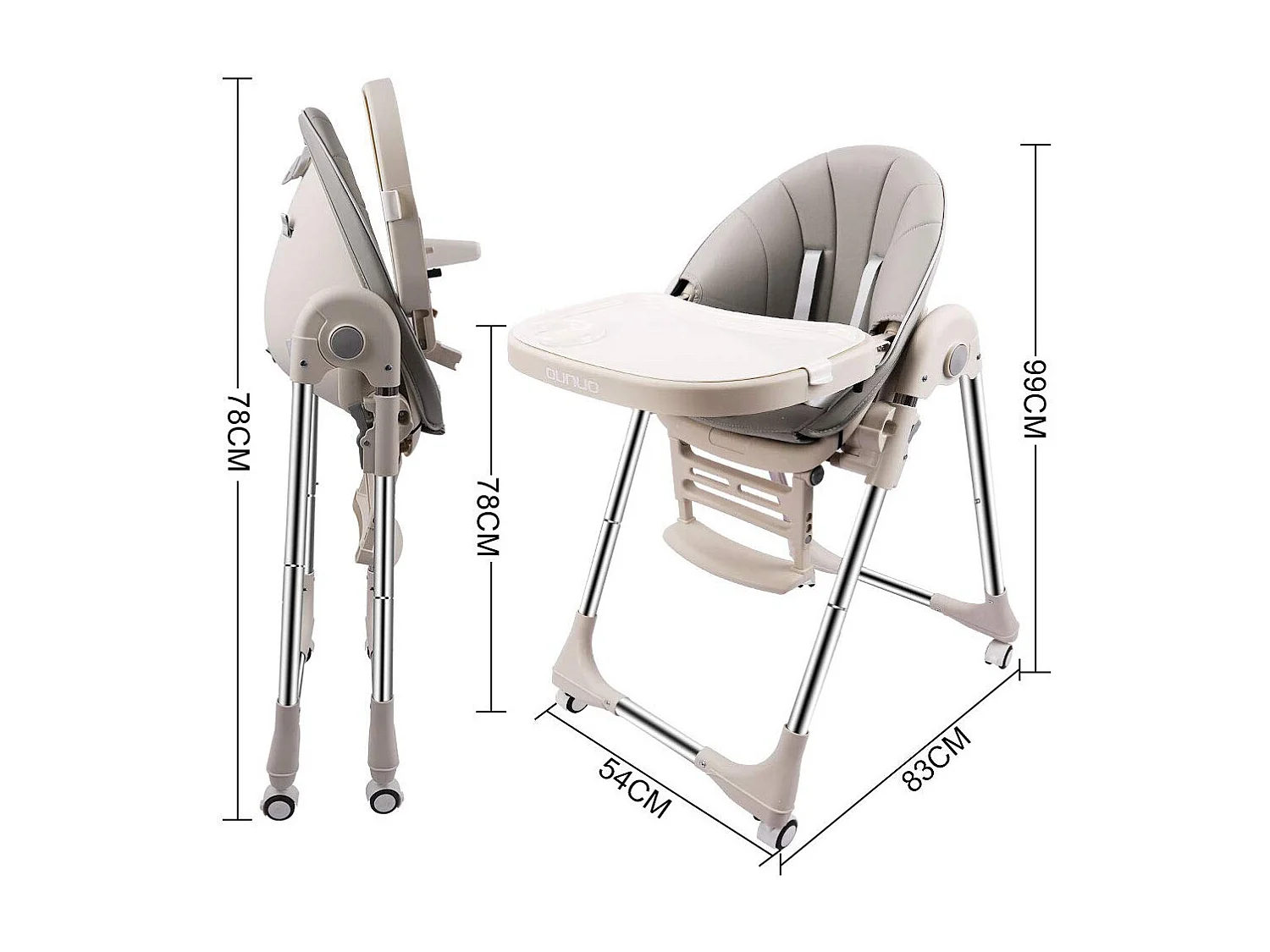 Chaise haute pliante pour enfants OUNUO avec ceinture de sécurité et coussin en simili cuir, 6 mois à 6 ans, Gris