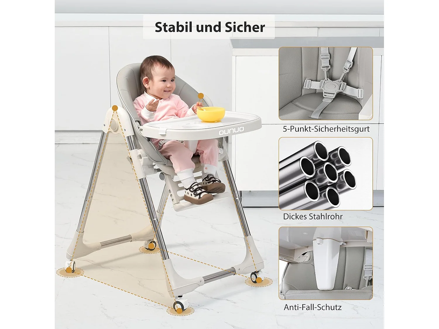 Chaise haute pliante pour enfants OUNUO avec ceinture de sécurité et coussin en simili cuir, 6 mois à 6 ans, Gris