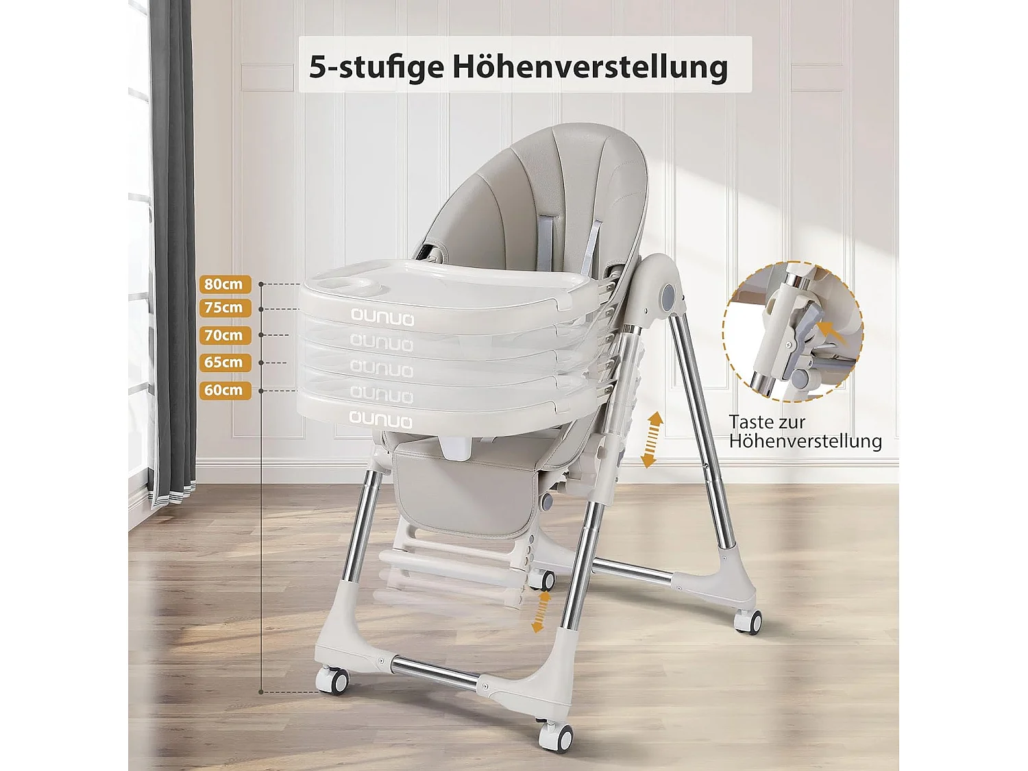 Chaise haute pliante pour enfants OUNUO avec ceinture de sécurité et coussin en simili cuir, 6 mois à 6 ans, Gris