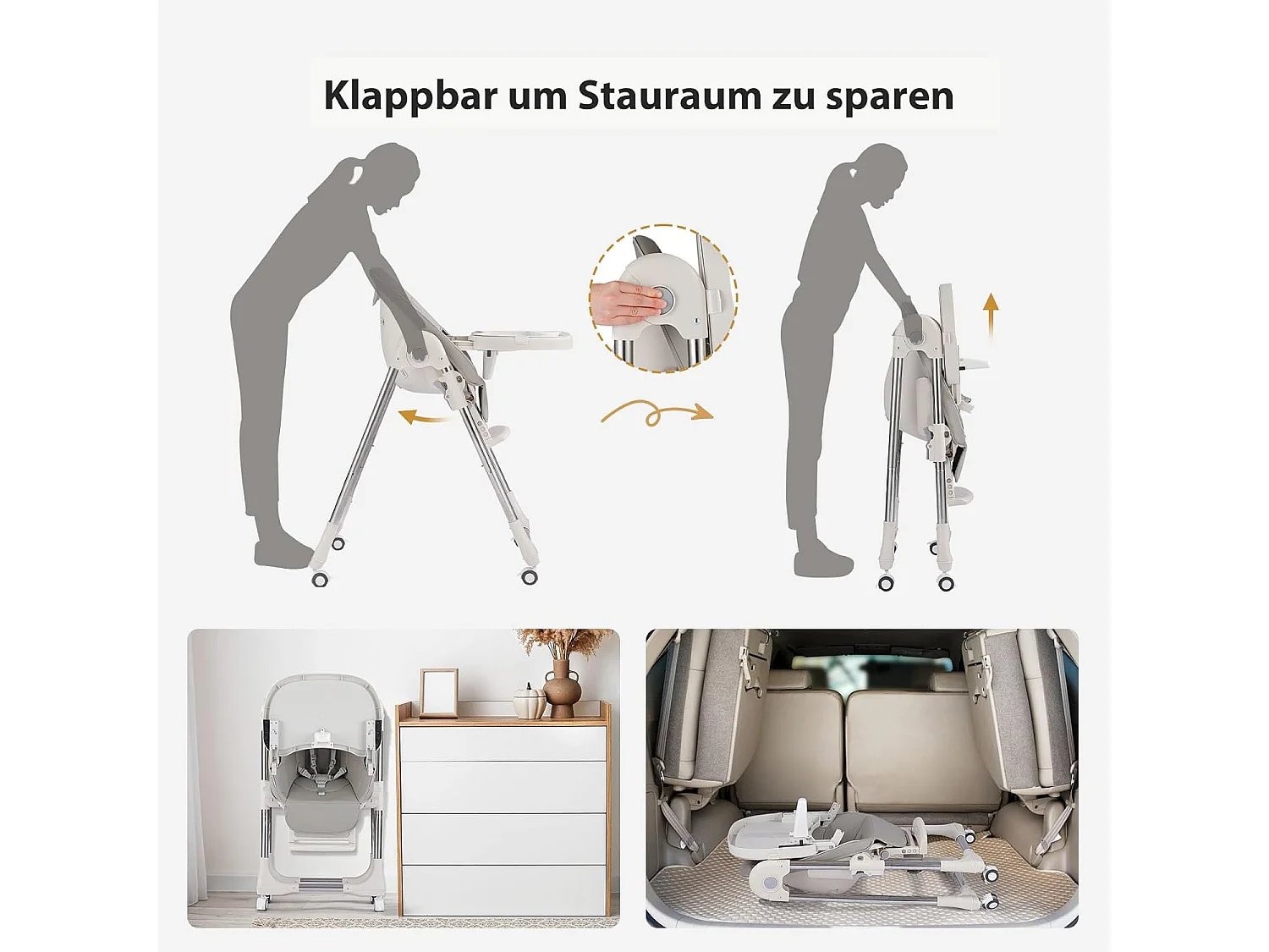 Chaise haute pliante pour enfants OUNUO avec ceinture de sécurité et coussin en simili cuir, 6 mois à 6 ans, Gris