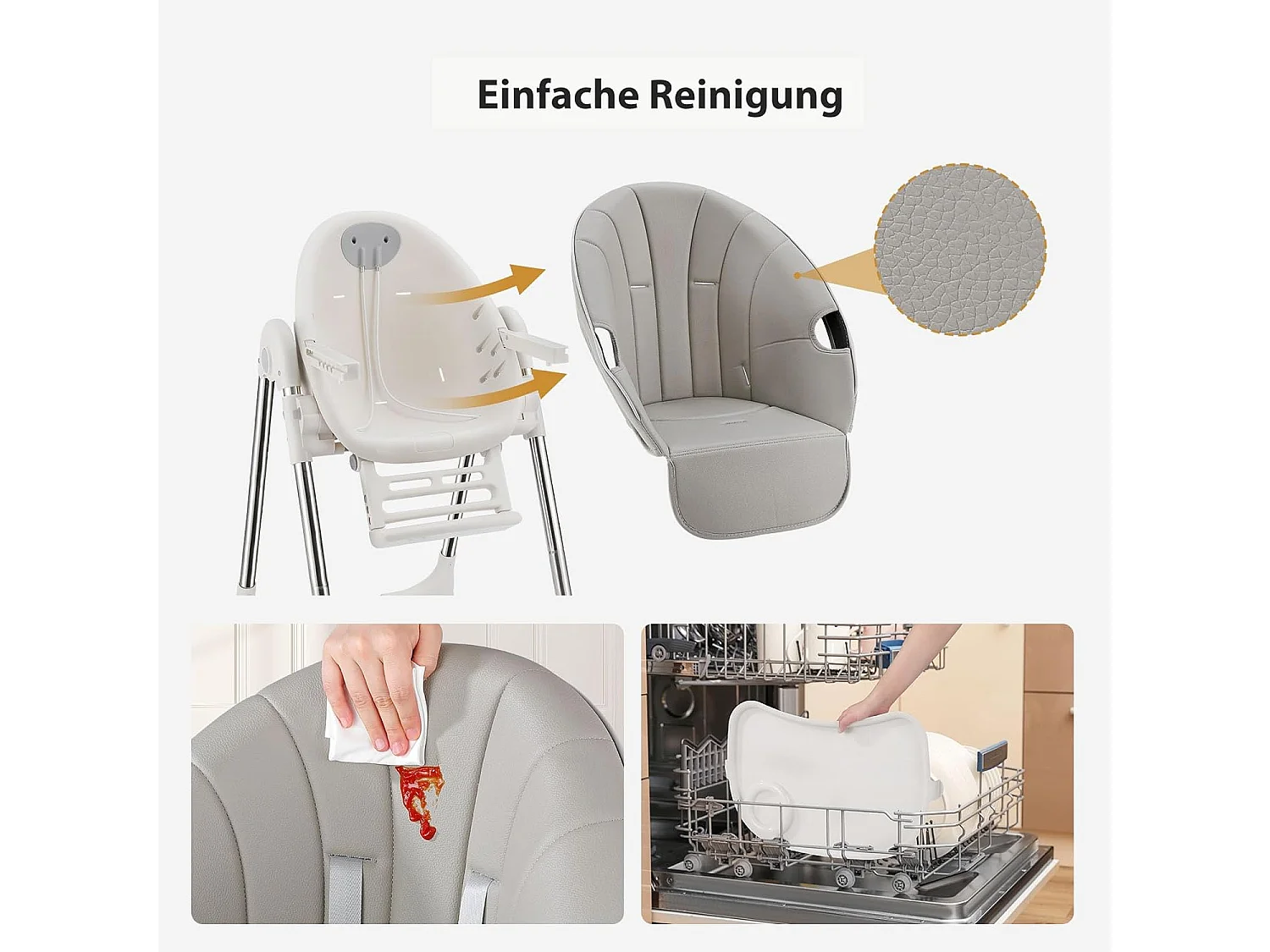 Chaise haute pliante pour enfants OUNUO avec ceinture de sécurité et coussin en simili cuir, 6 mois à 6 ans, Gris