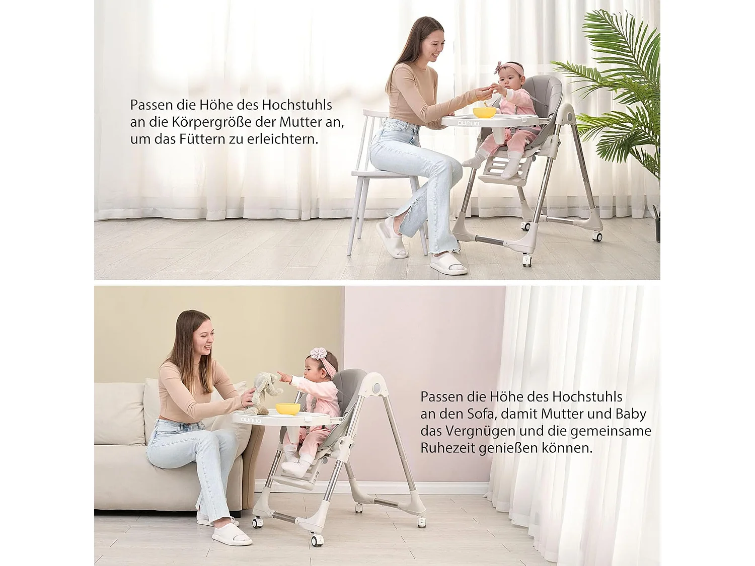 Chaise haute pliante pour enfants OUNUO avec ceinture de sécurité et coussin en simili cuir, 6 mois à 6 ans, Gris