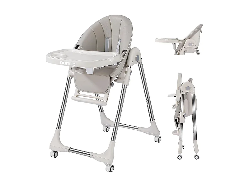 Seggiolone pieghevole per bambini OUNUO con cintura di sicurezza e cuscino in pelle PU, 6 mesi a 6 anni, Grigio